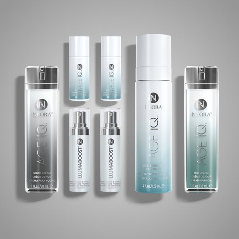 Save 20% plus get a Free Age IQ Eye Serum and Free Shipping with Advanced Skincare Set which includes Age IQ® Day Cream, Age IQ® Night Cream, Age IQ® Double-Cleansing Face Wash, Age IQ® Eye Serum plus one FREE, IllumaBoost® Brightening Vitamin C Serum